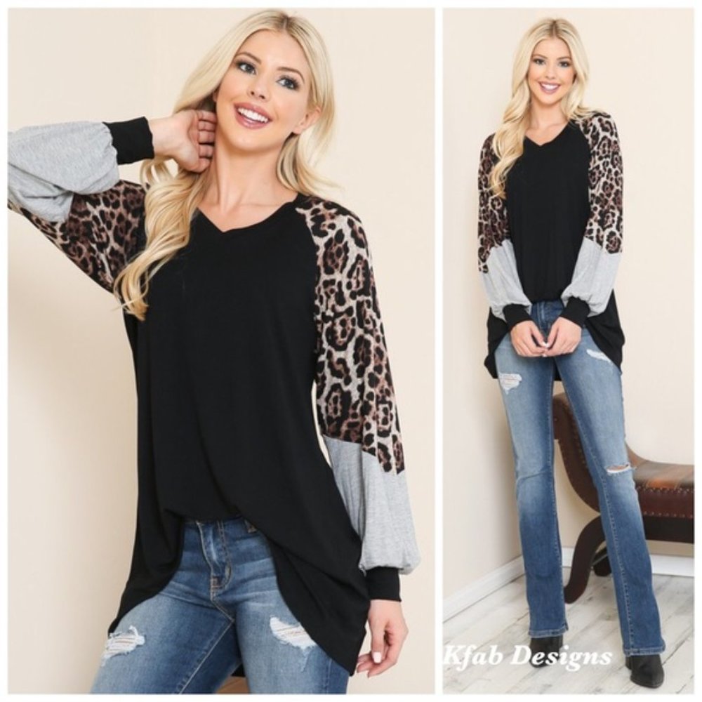 LEOPARD COLOR BLOCK OVERSIZED TOP